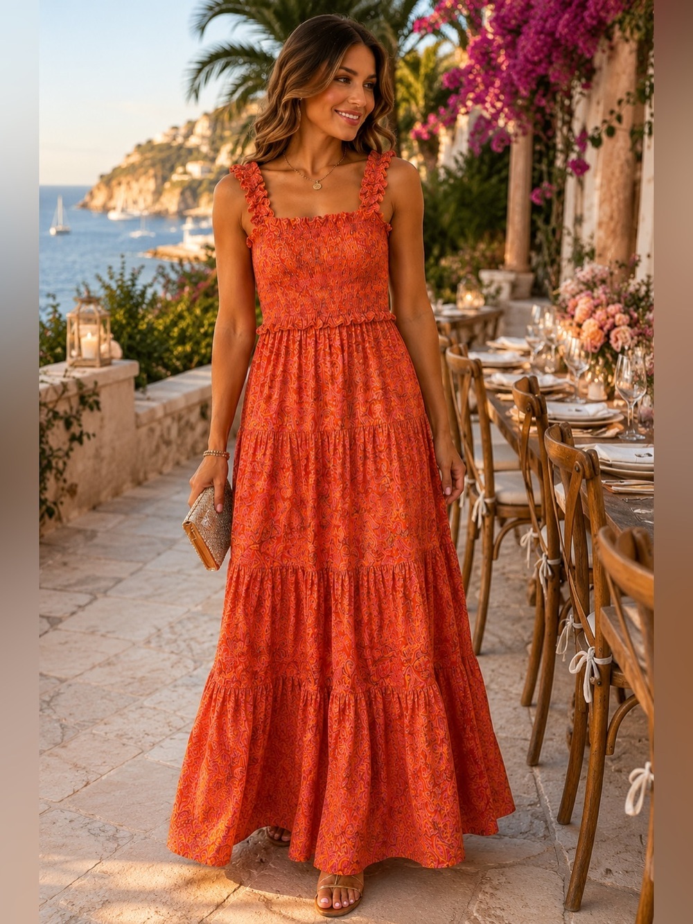 Likely Coral Orange Paisley Smocked Tiered Maxi Dress Boho Resort | Size 6